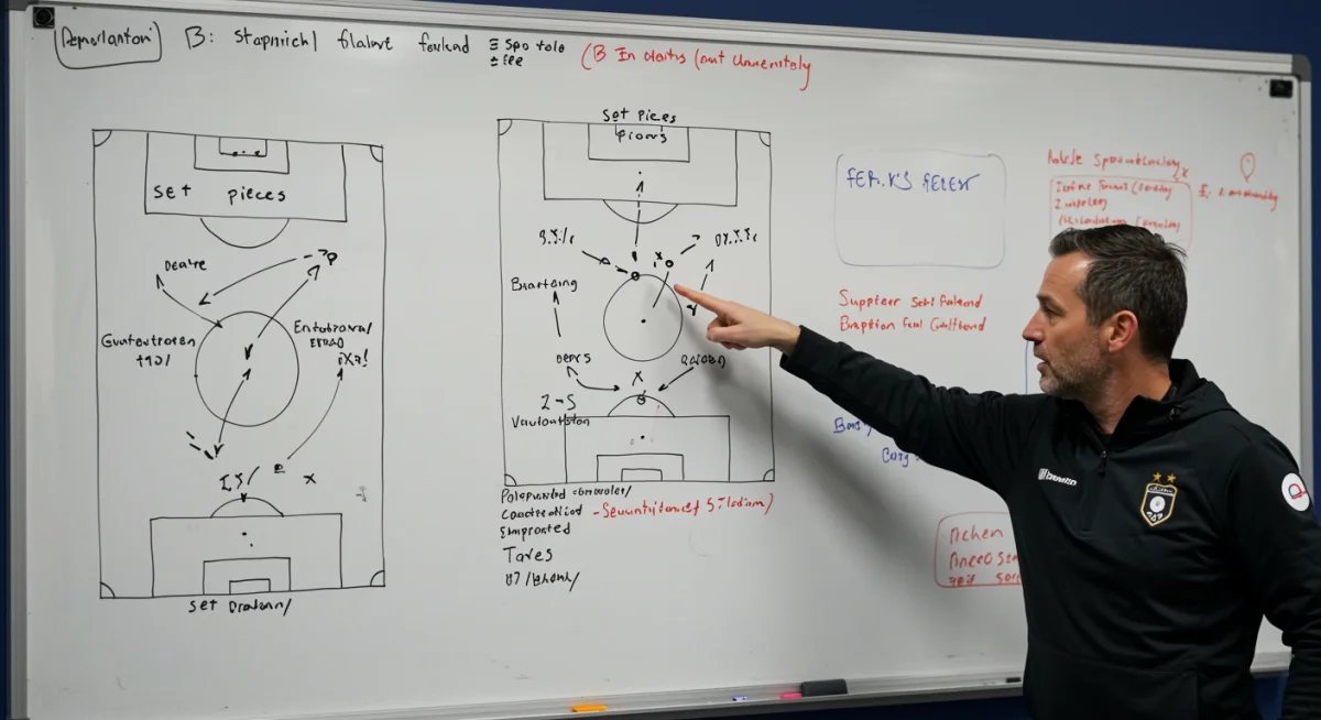College soccer coach analyzing tactical formations on a whiteboard during a team meeting.