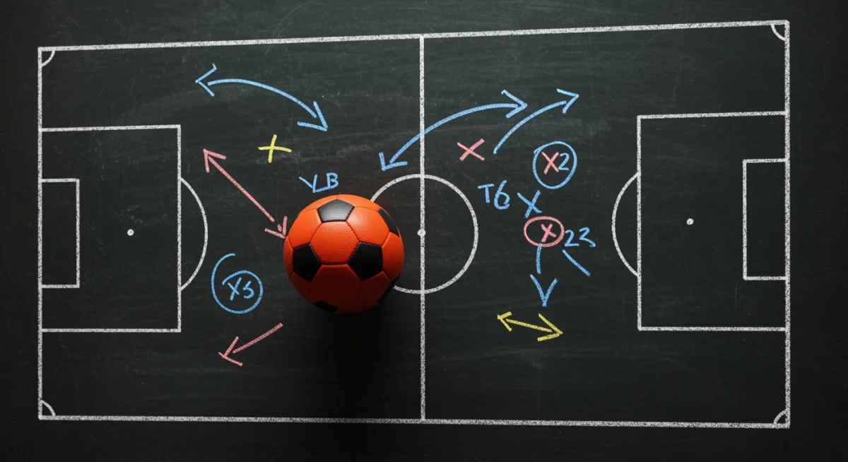 Tactical chalkboard illustrating a soccer play that resulted in a game-winning goal.