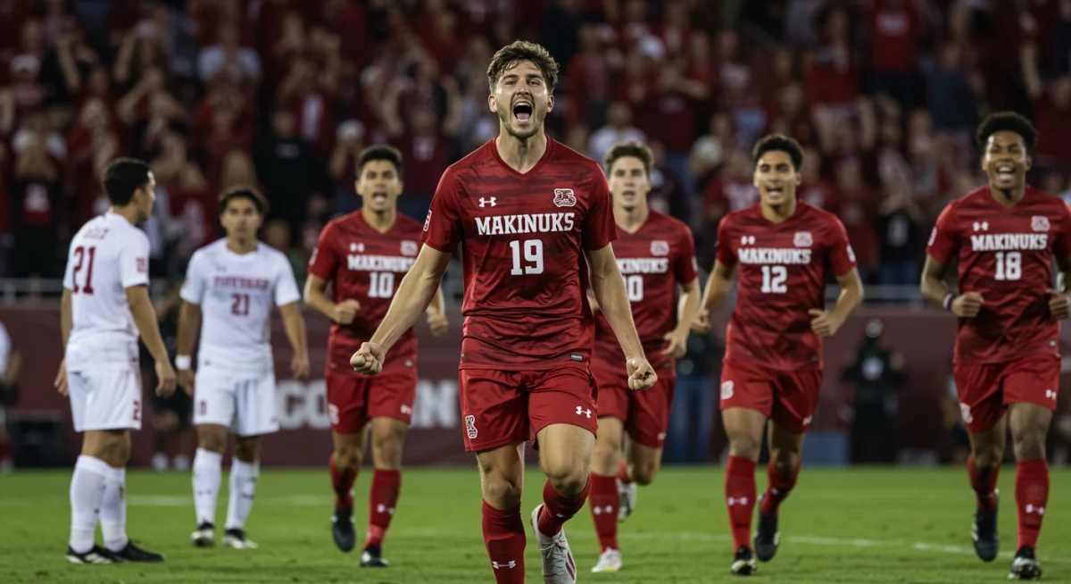 Male soccer player celebrating goal with teammates