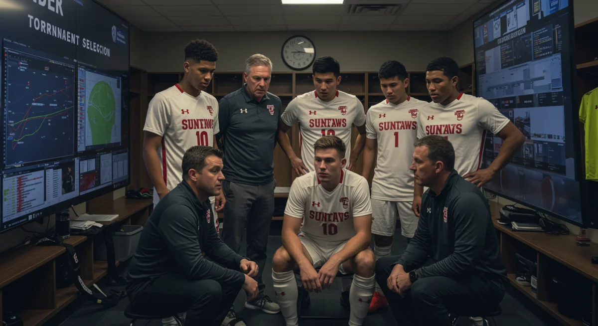 College soccer team and coaches strategizing for NCAA tournament qualification.