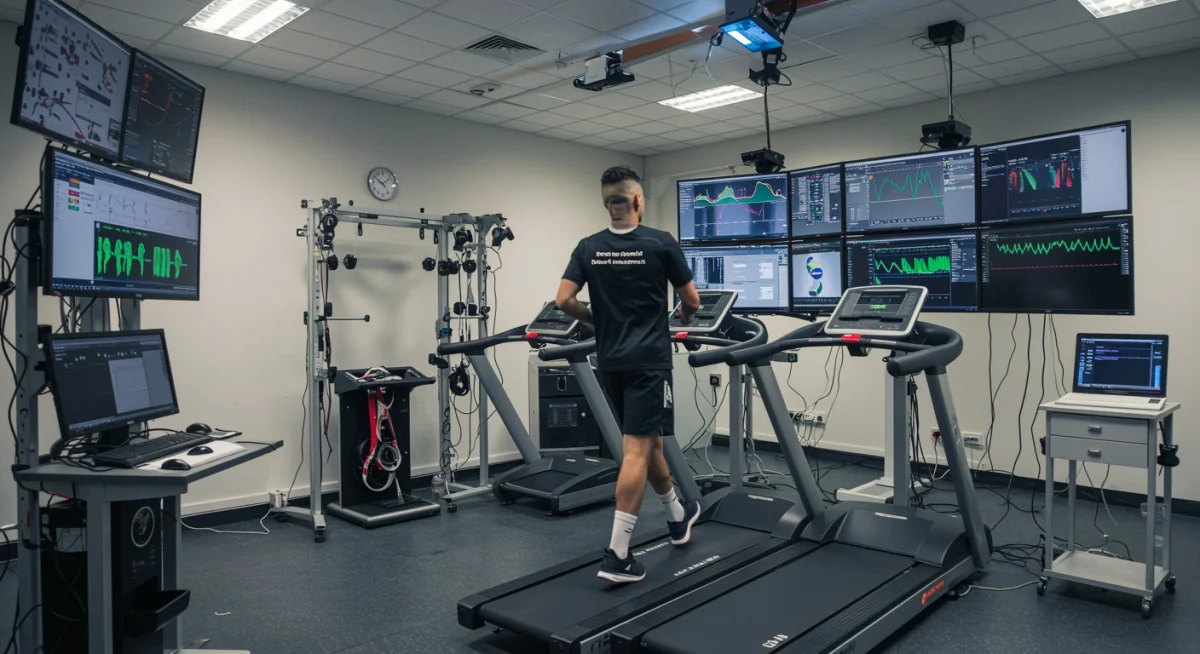 Sports scientist monitoring a Premier League player's performance data in a high-tech lab.