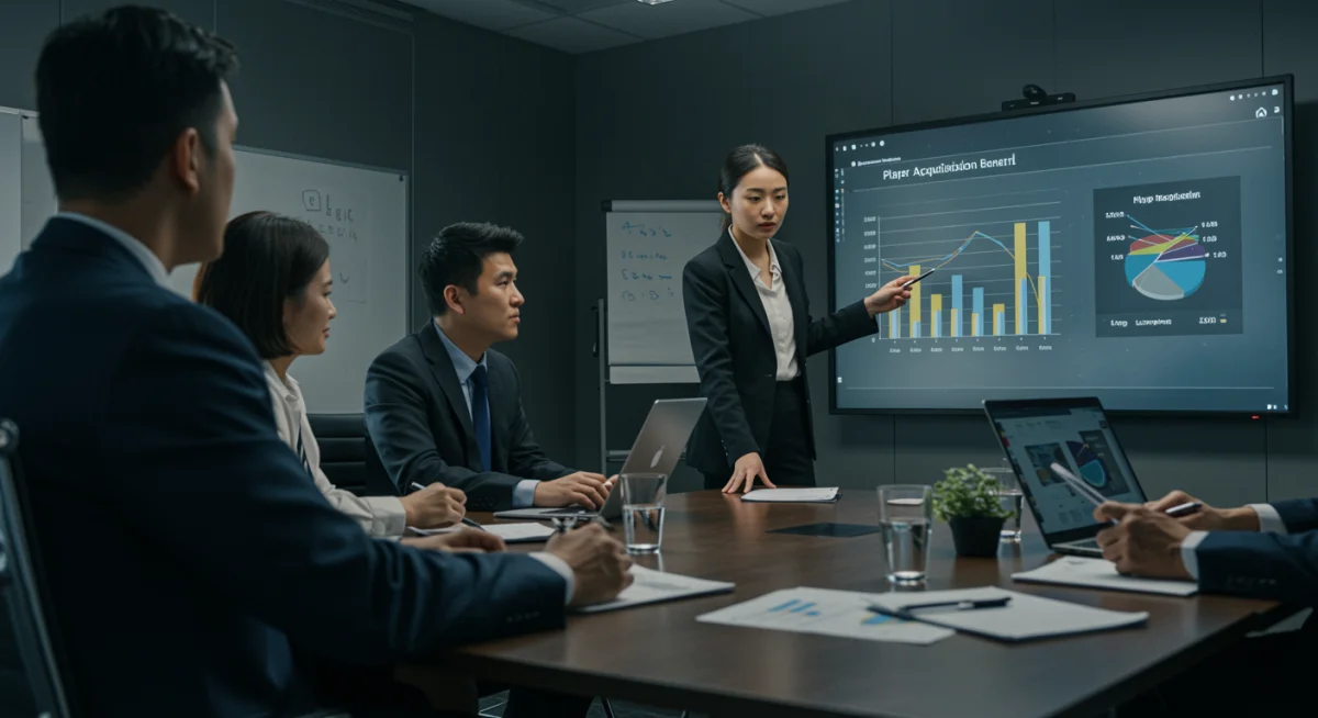 Executives in a boardroom discussing the strategic financial benefits and long-term planning of a major MLS player acquisition.