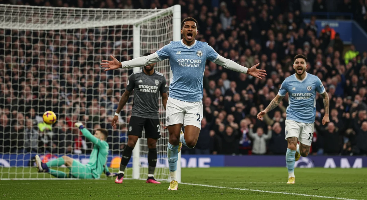 Premier League striker celebrating a goal after a successful counter-attack, showing pure elation.