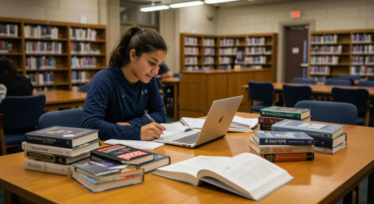 Female student-athlete studying, balancing academics and sports