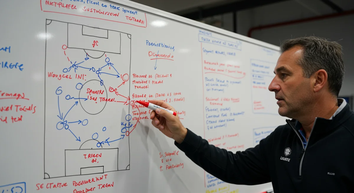 Soccer coach illustrating a tactical substitution on a whiteboard