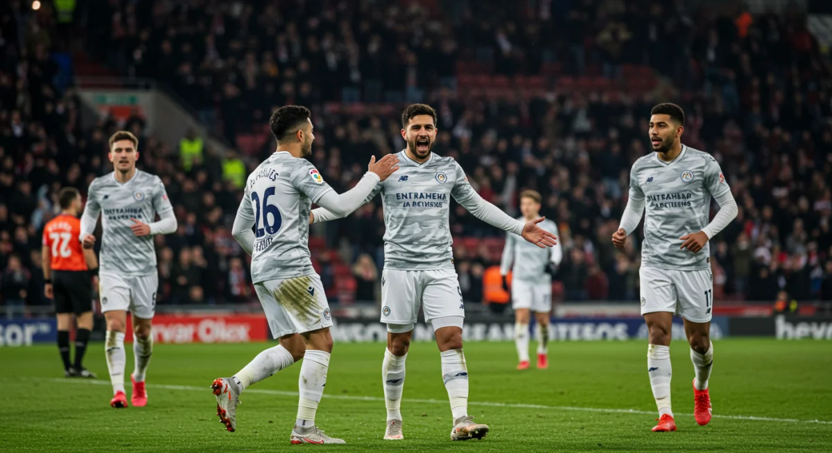Football players celebrating a goal on the field, symbolizing team unity and success.