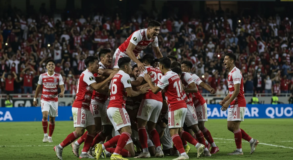 Football team celebrating a crucial goal in a European match