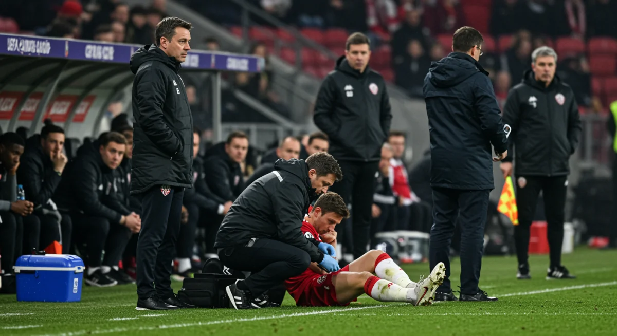 Team doctor attending to injured player during UEFA Europa League match.