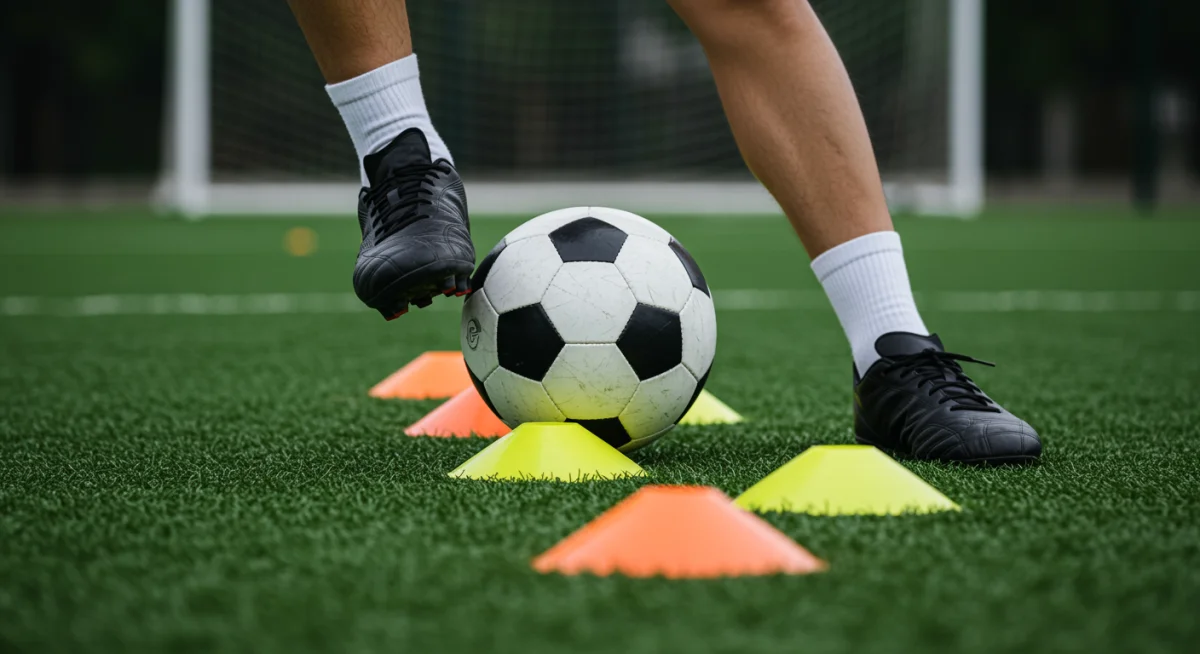 Soccer player demonstrating advanced dribbling skills through cones, focusing on ball control.