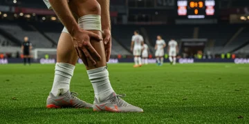 Injured player on UEFA Europa League pitch in 2025, highlighting financial impact.