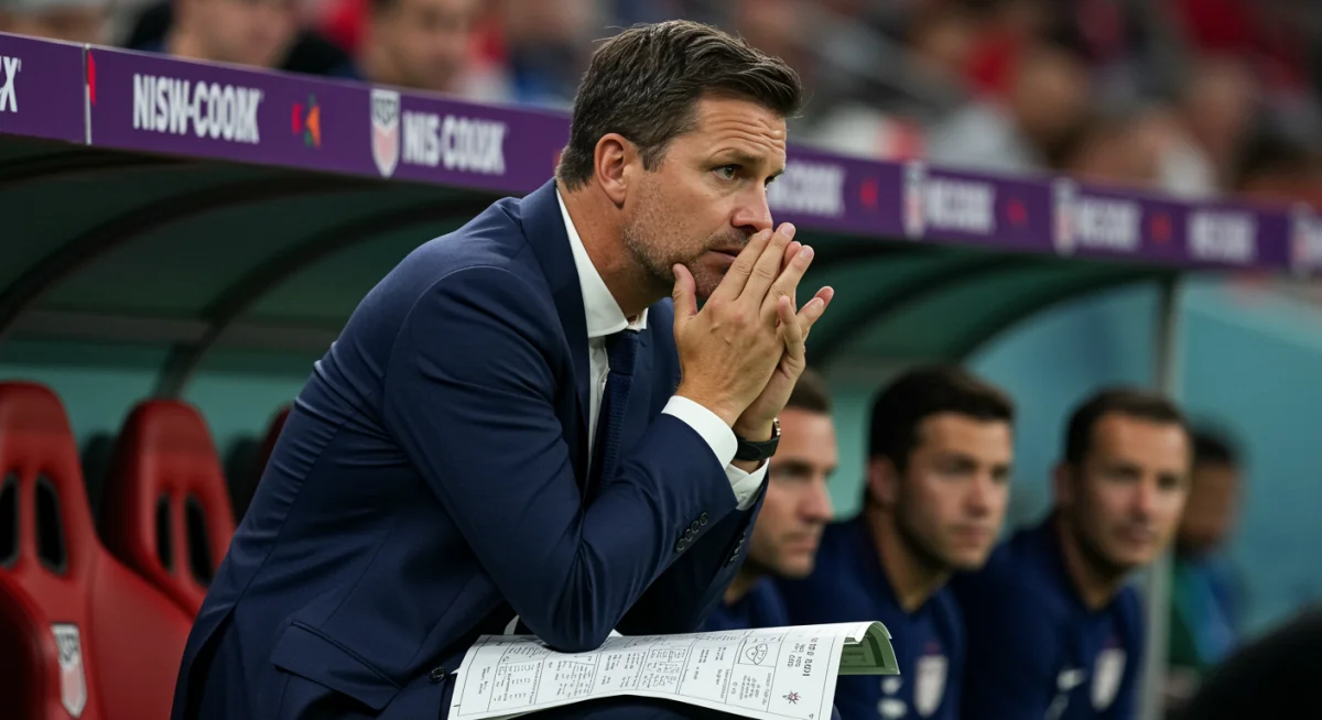 USMNT coach intensely focused on the game, strategizing from the dugout during a qualifier.