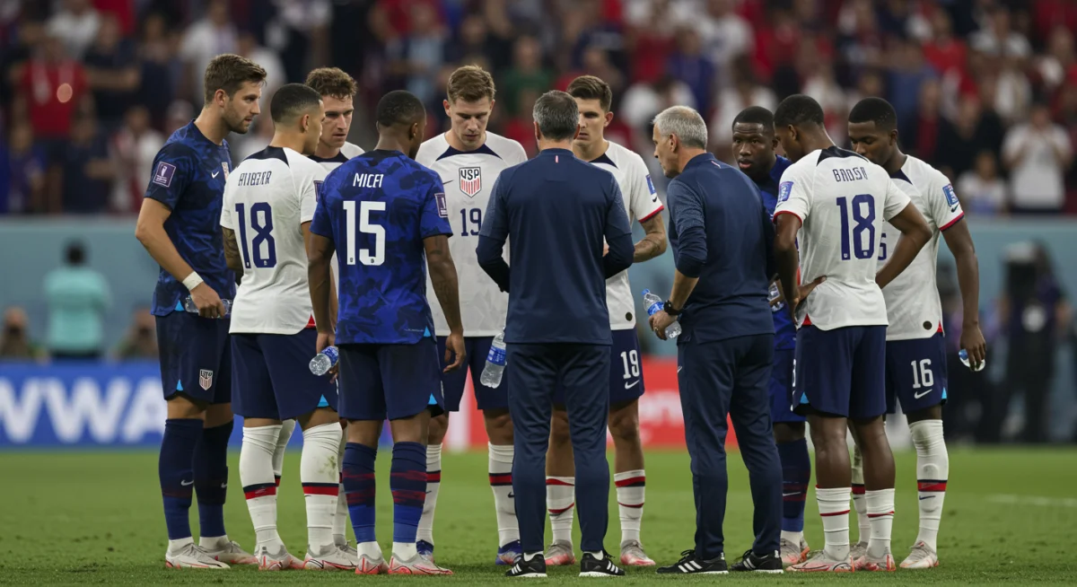 USMNT players huddling on the field, showing unity and determination during a tough qualifier.
