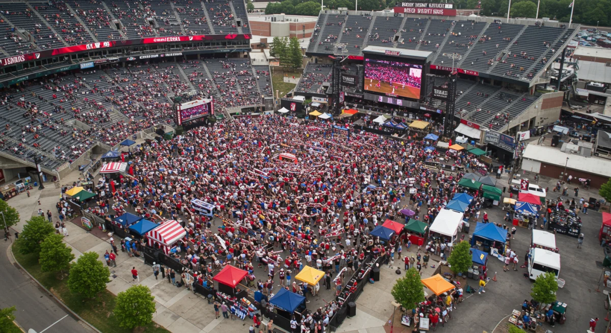 Vibrant fan zone outside soccer stadium