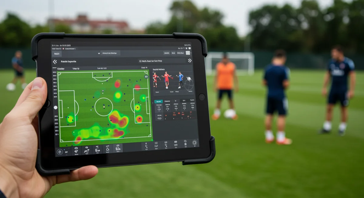 Tablette d'entraîneur affichant des données biométriques et tactiques en temps réel pendant un entraînement de football universitaire.