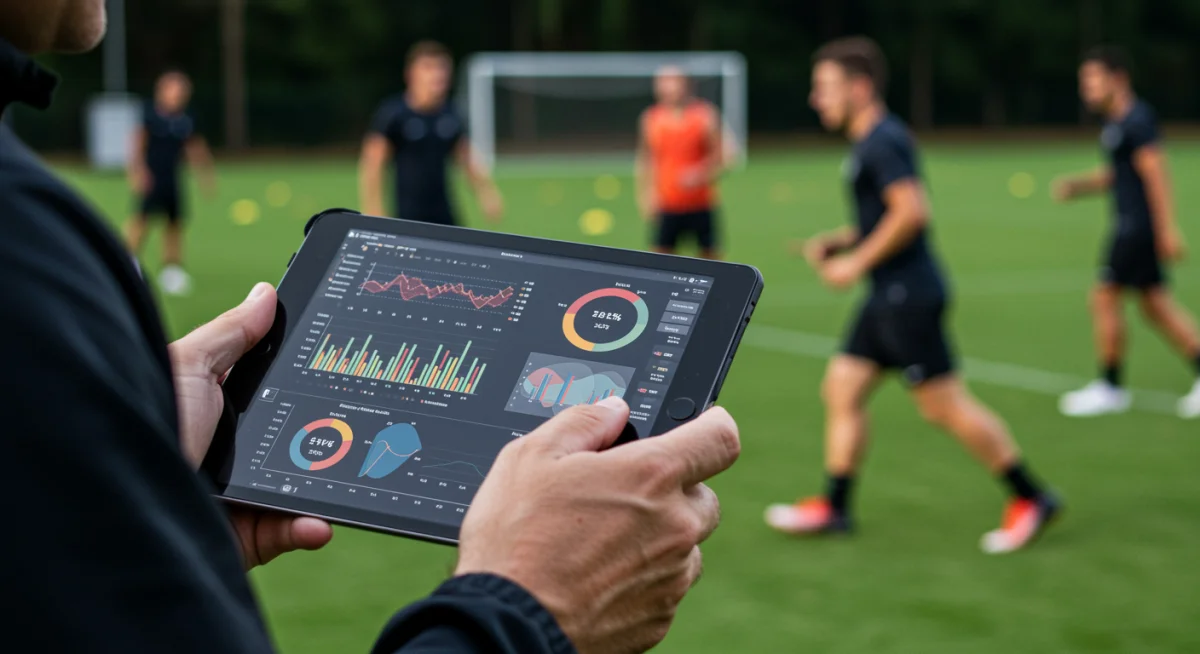 Entraîneur universitaire analysant des données de performance sur tablette, l'innovation au service du football.