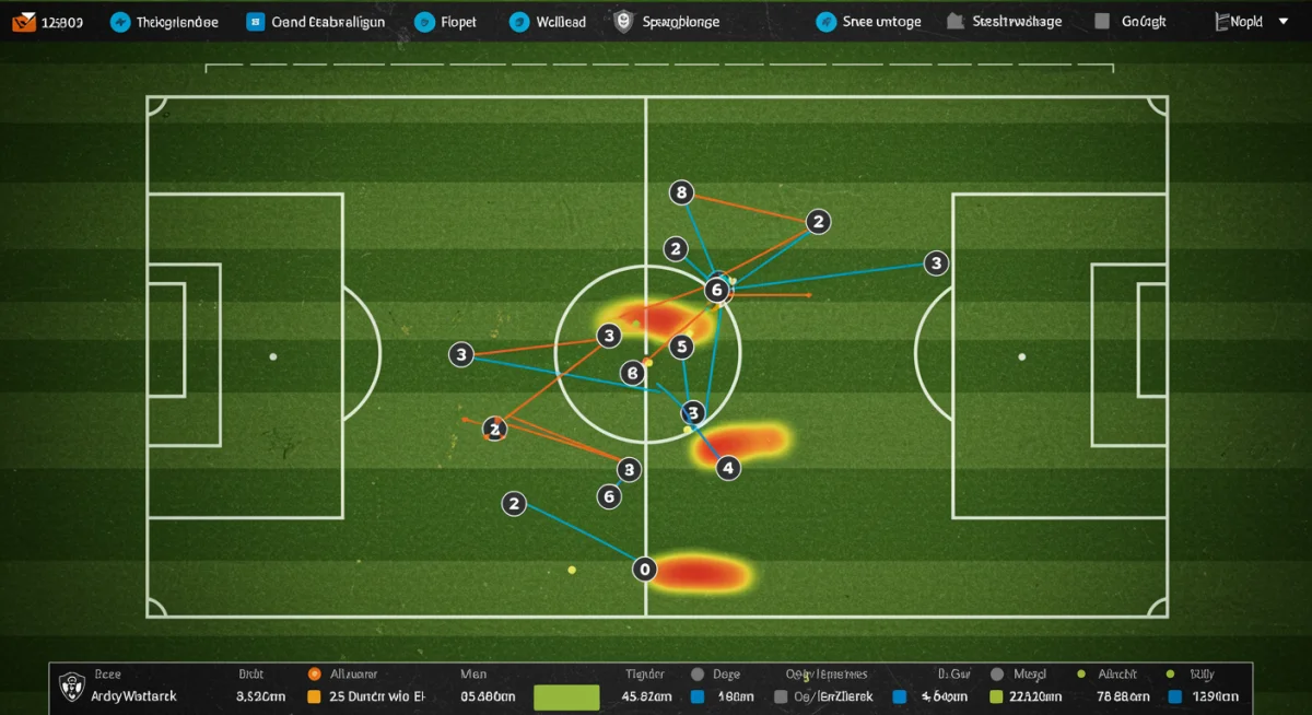 Graphique détaillé d'un terrain de football avec des données de suivi des joueurs et des cartes thermiques, illustrant l'analyse tactique.