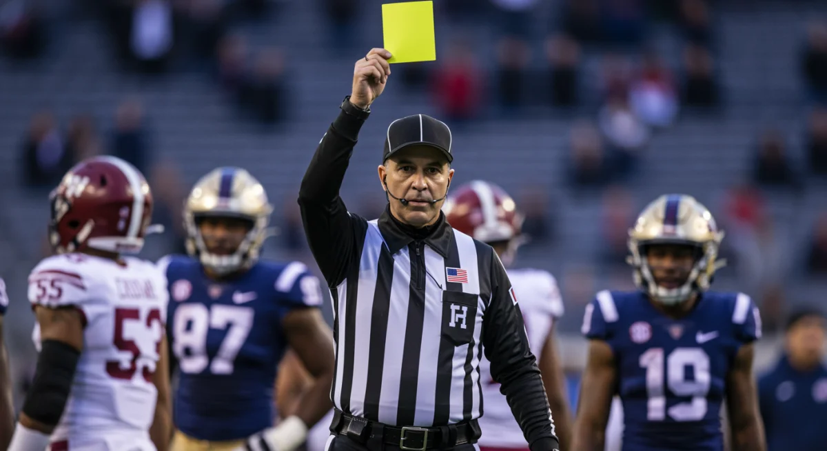 Arbitre montrant un carton jaune, symbolisant l'application des nouveaux règlements dans le football universitaire.