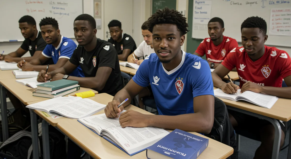 Athlètes de football universitaire français étudiant ensemble, illustrant la conciliation études-sport.