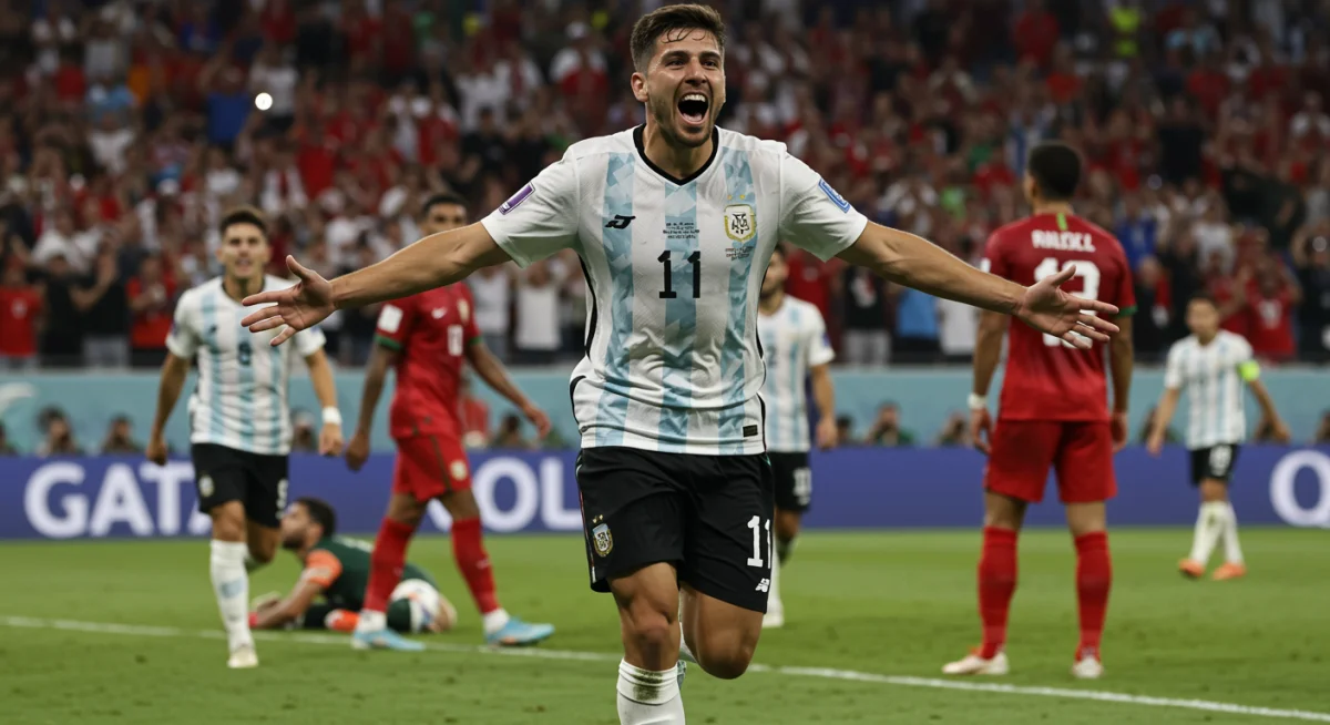 Un joueur de football célèbre un but inattendu lors d'un match de qualification, exprimant la joie de la surprise.
