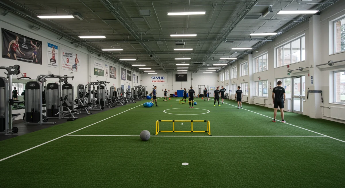 Intérieur d'un centre d'entraînement sportif universitaire de haute performance, avec salle de sport et zone de rééducation. Des étudiants-athlètes s'entraînent.