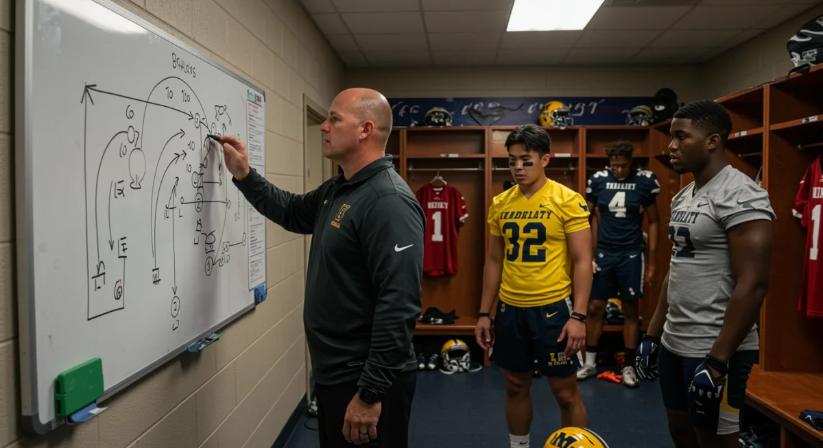 Entraîneur de football universitaire expliquant une stratégie tactique à son équipe sur un tableau blanc.
