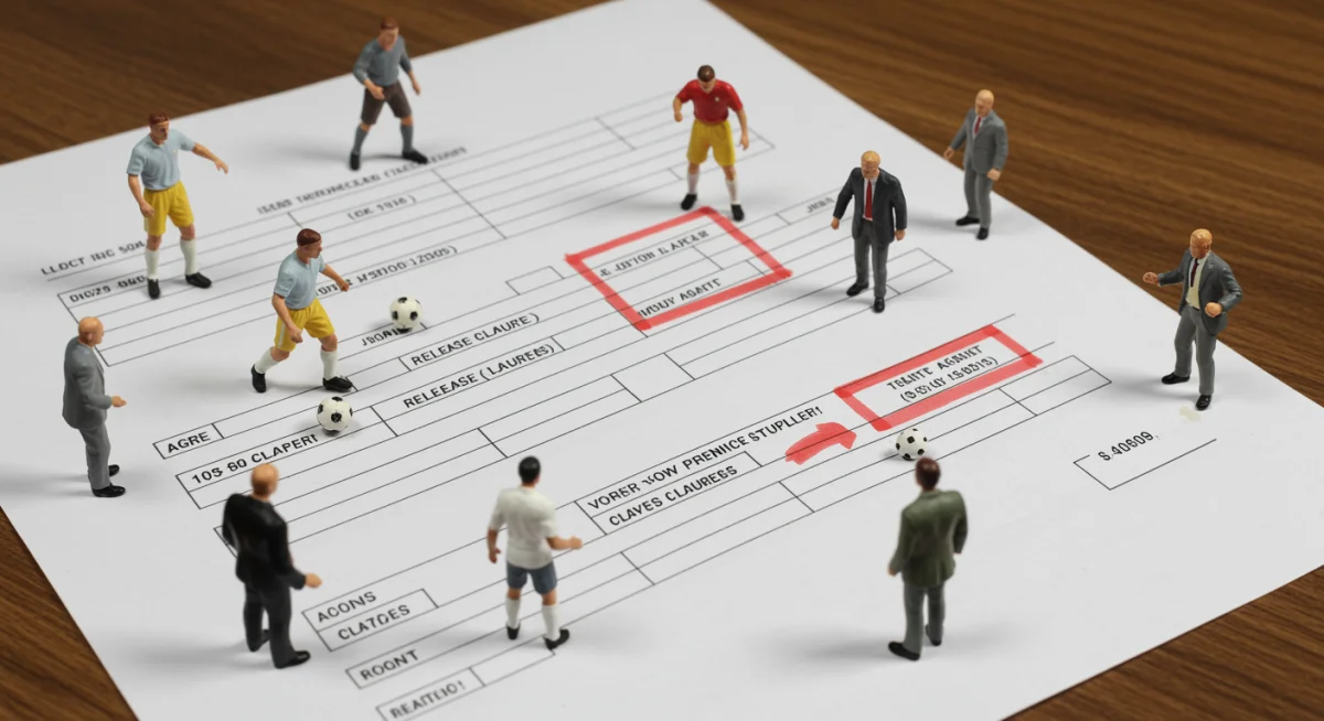 Un document de contrat de football détaillé, mettant en évidence les clauses libératoires, entouré de figures de joueurs et d'agents, représentant la complexité juridique et financière des transferts.