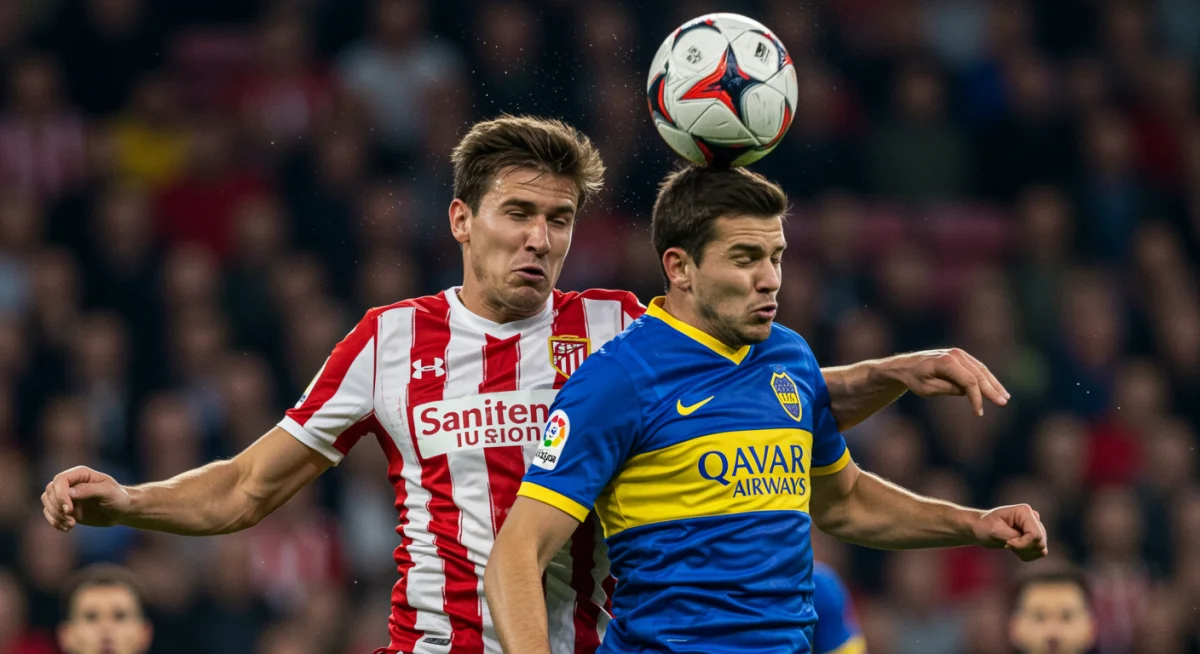 Deux joueurs de football en pleine action, luttant pour le ballon, illustrant l'intensité des duels sur le terrain.
