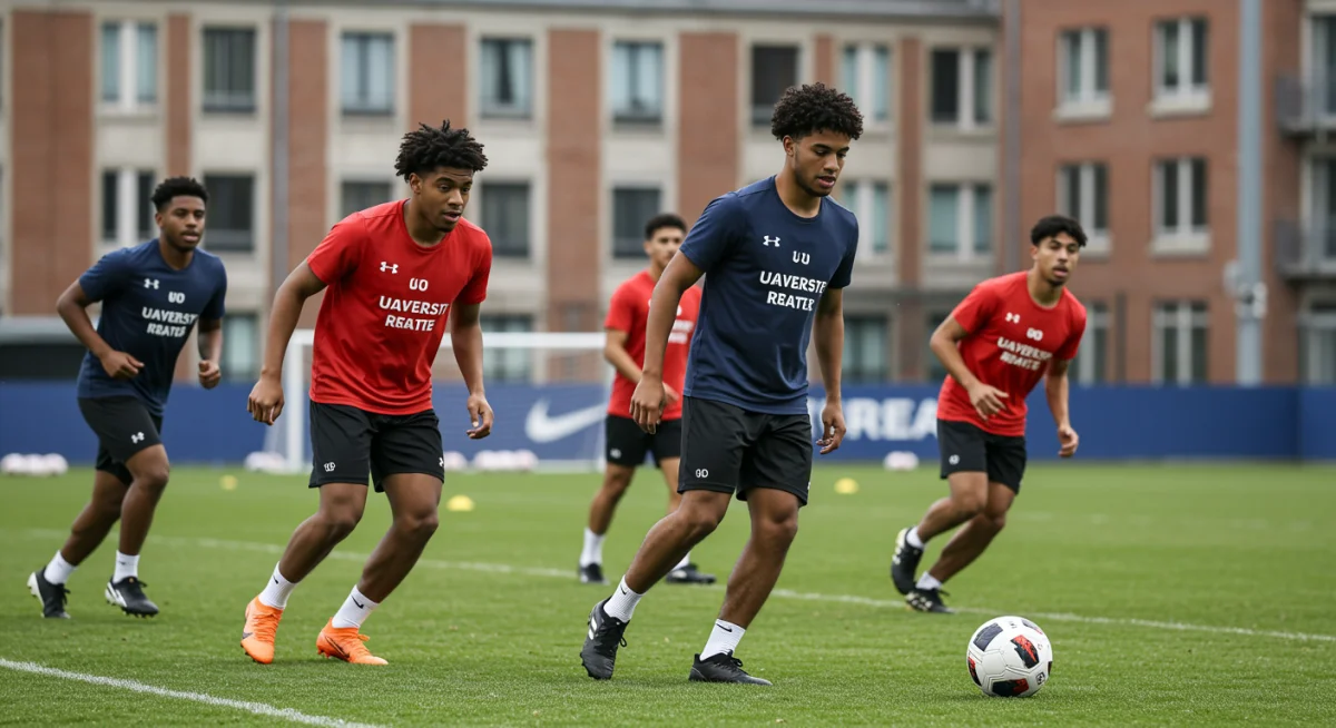 Étudiants-athlètes français s'entraînant sur un terrain de football universitaire.