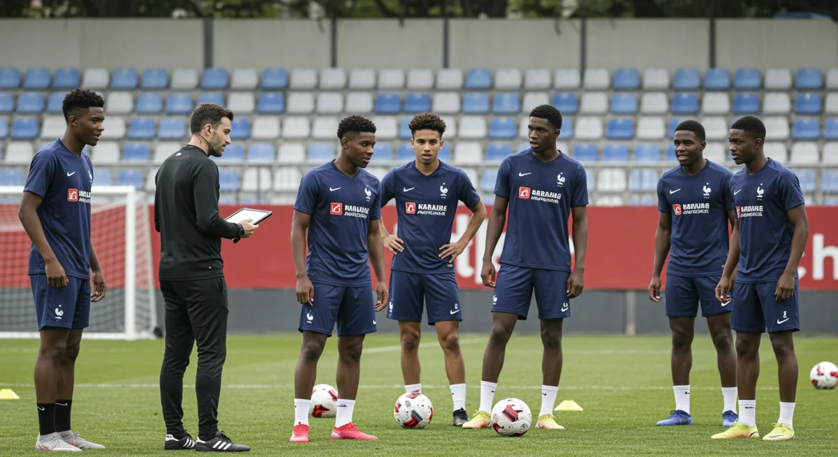 Groupe de jeunes footballeurs universitaires français s'entraînant sous l'œil d'un entraîneur et d'un recruteur, illustrant l'équilibre sport-études.
