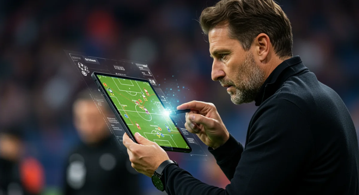 Entraîneur analysant une projection tactique holographique en temps réel