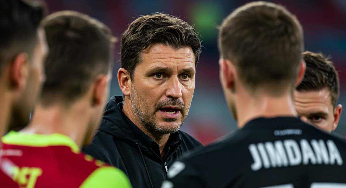 Un entraîneur de football délivrant des instructions intenses à ses joueurs sur le banc de touche lors d'un match européen crucial, symbolisant un changement de stratégie.