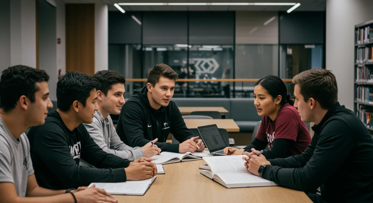 Étudiants universitaires, certains sportifs, étudiant ensemble dans une bibliothèque moderne, illustrant l'équilibre entre sport et études.