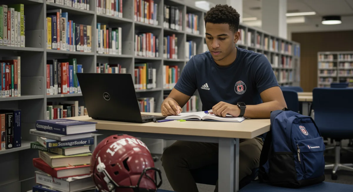 Un athlète étudiant concentré dans une bibliothèque universitaire en France, symbolisant l'équilibre entre ses études et sa carrière sportive.