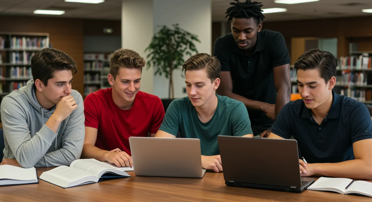Étudiants-athlètes universitaires français étudiant ensemble dans une bibliothèque moderne.