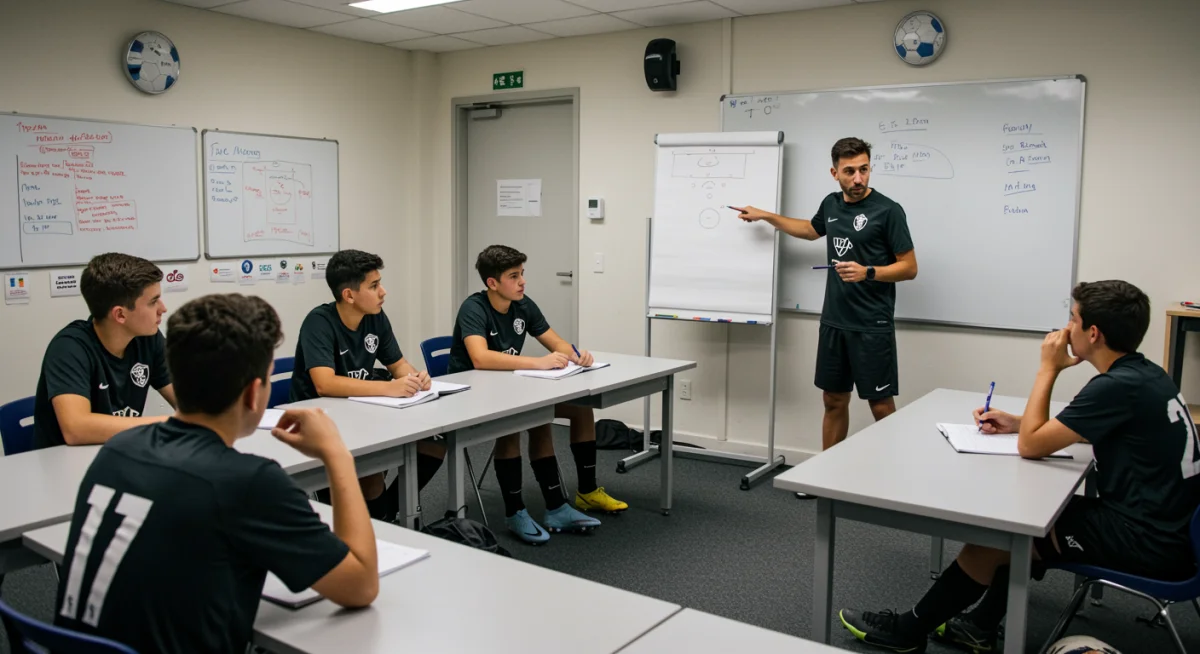 Jeunes joueurs de football en salle de classe, recevant des instructions tactiques, illustrant la formation complète en académie.