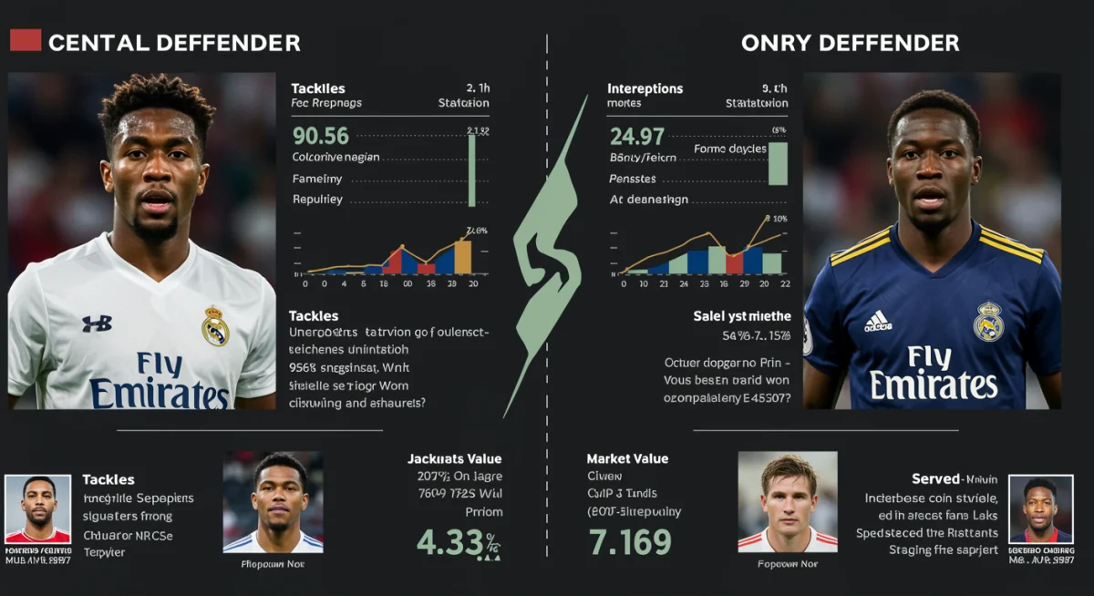 Infographie comparative des statistiques et valeurs de trois défenseurs centraux pour le mercato.