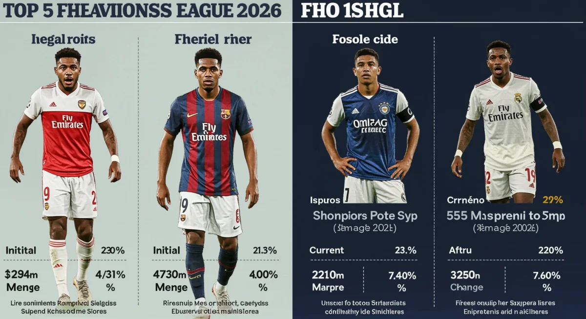 Infographie des cinq équipes favorites pour la Ligue des Champions 2026, avec leurs cotes initiales et actuelles, et le pourcentage de changement sur trois mois.