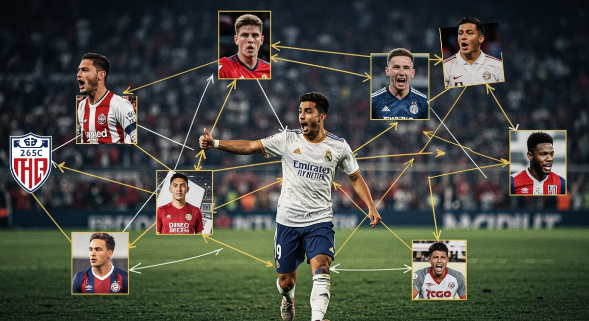 Infographie complexe des négociations de transfert, montrant des liens entre joueurs et clubs en Ligue 1.