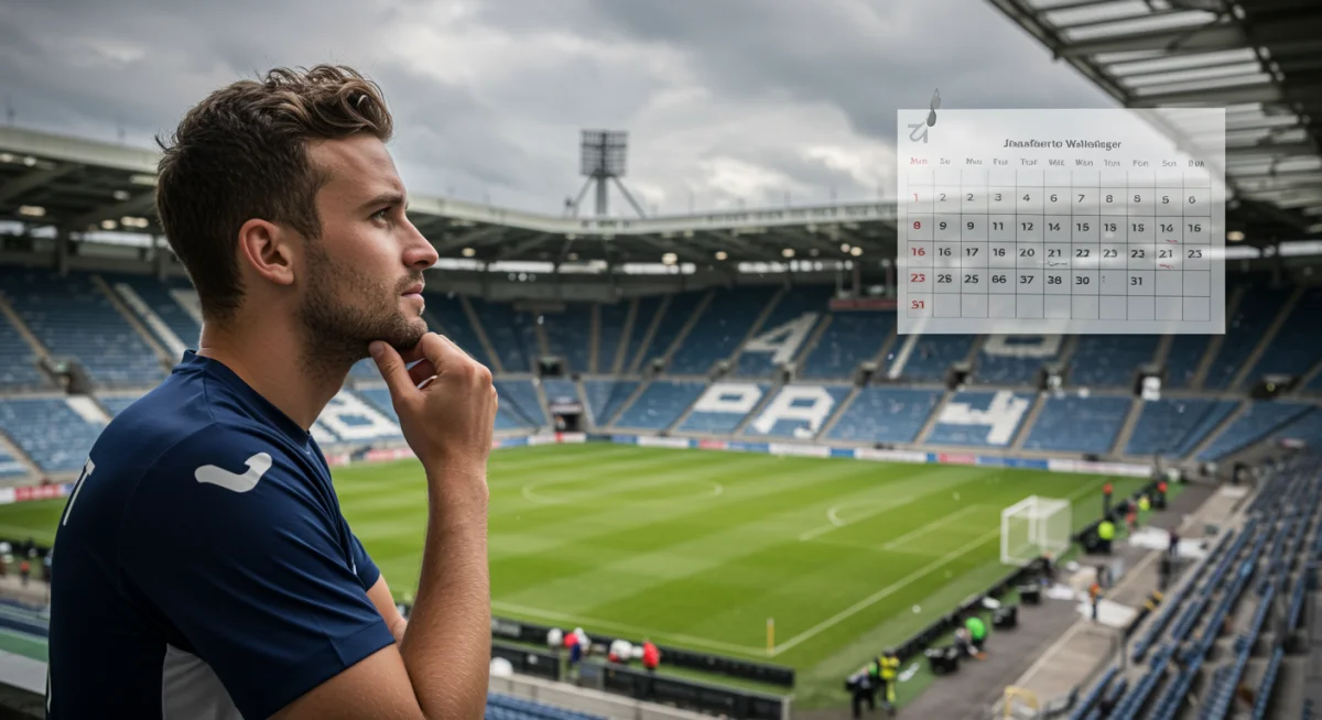Joueur de football en pleine réflexion sur son avenir, symbolisant les enjeux du mercato.