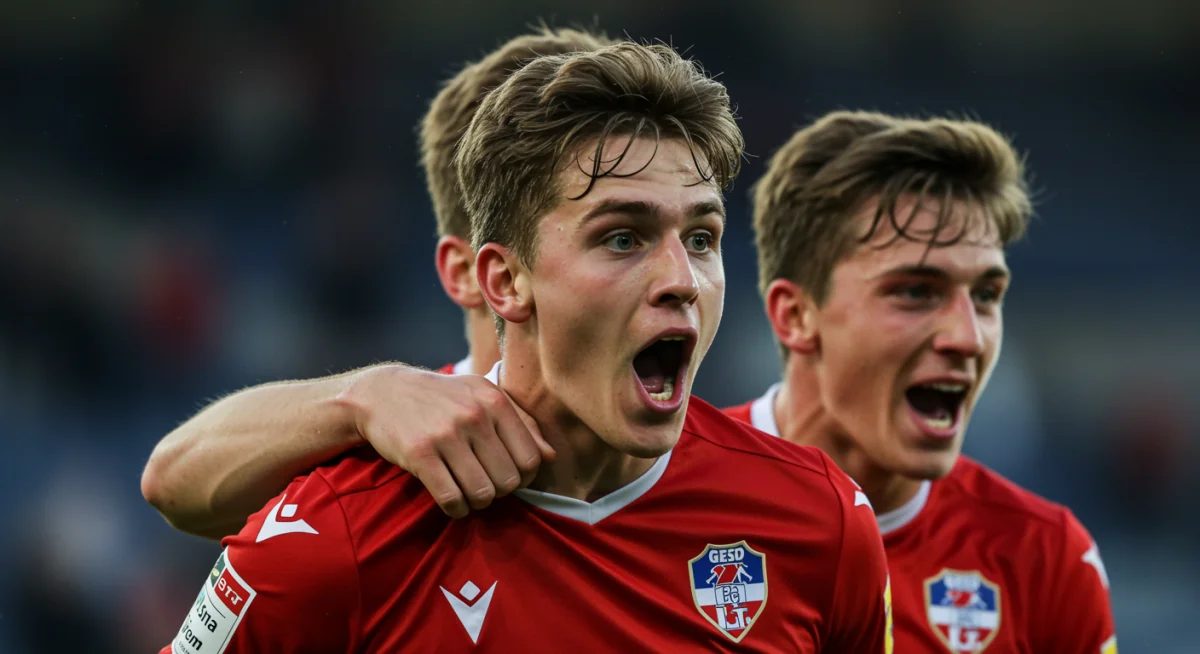 Jeune joueur de football inconnu célébrant un but avec émotion, symbolisant une révélation inattendue en Europa League.