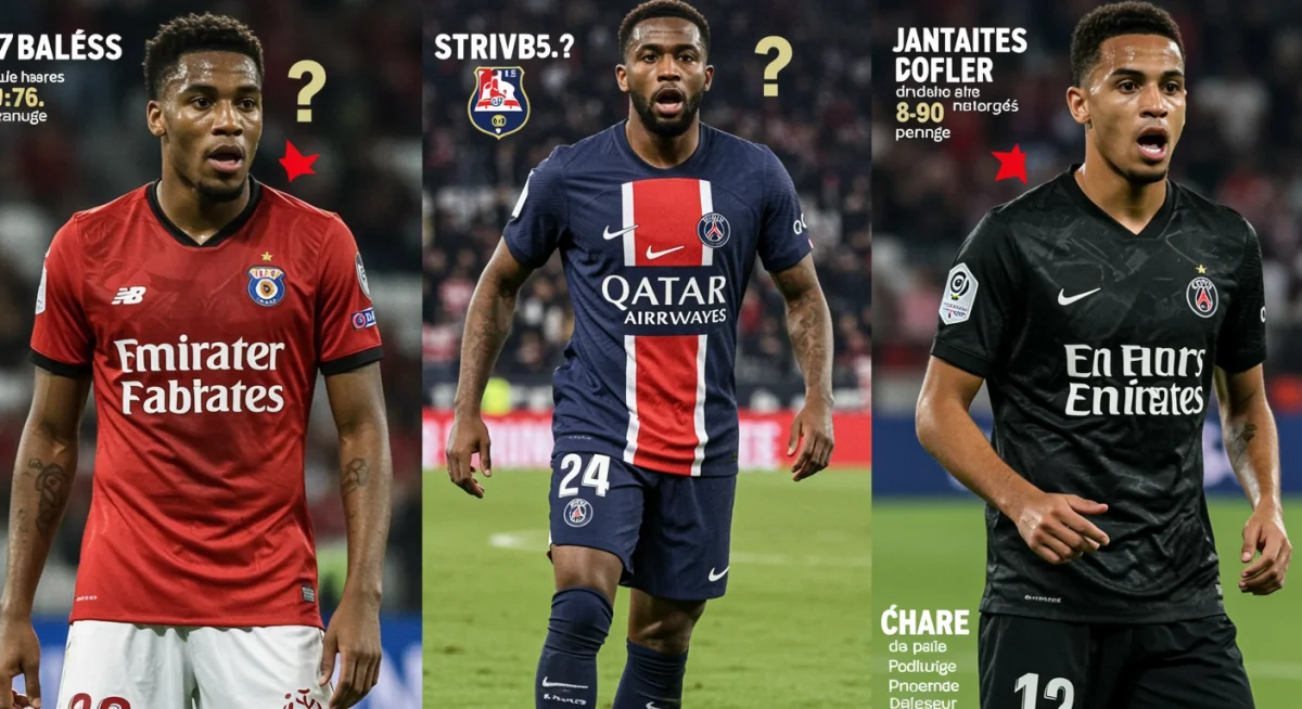 Graphique des trois joueurs de Ligue 1 les plus susceptibles de changer de club en janvier 2026, avec leurs maillots actuels et potentiels.