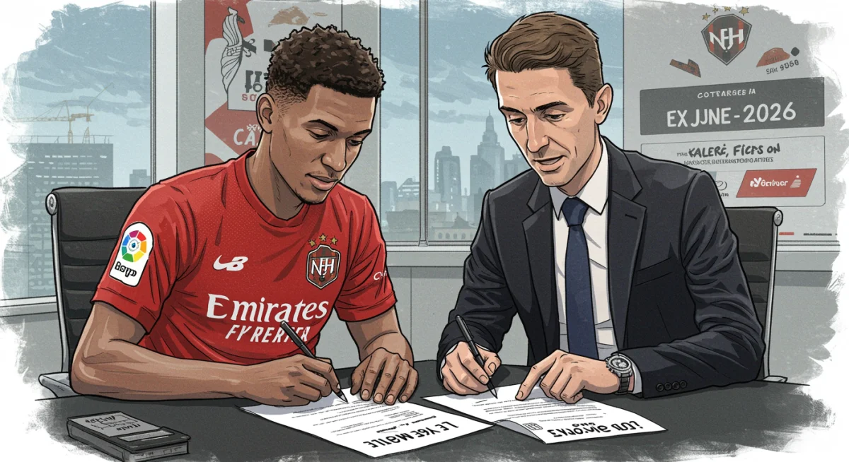 Illustration d'un joueur de football en pleine négociation de contrat, symbolisant les enjeux des fins de contrat en Ligue 1.