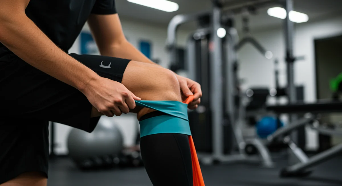 Physiothérapeute aidant un joueur de football universitaire français avec un exercice de rééducation du genou.
