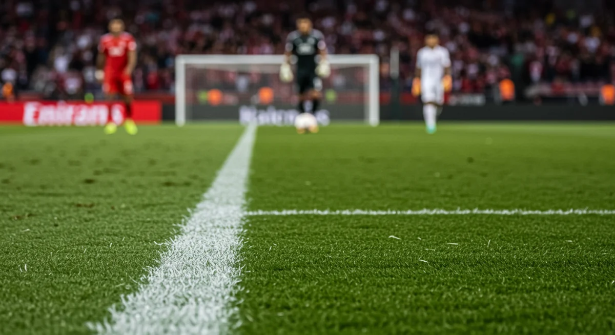 Gros plan sur le point de penalty, symbolisant la tension et l'importance de l'instant dans le football.