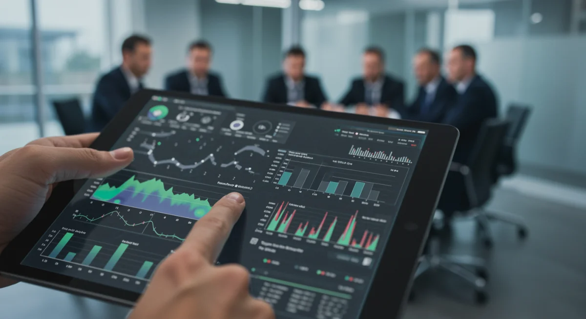 Rapport de scouting numérique sur tablette, montrant des statistiques de joueurs et des analyses de performance, avec des dirigeants de club en arrière-plan.