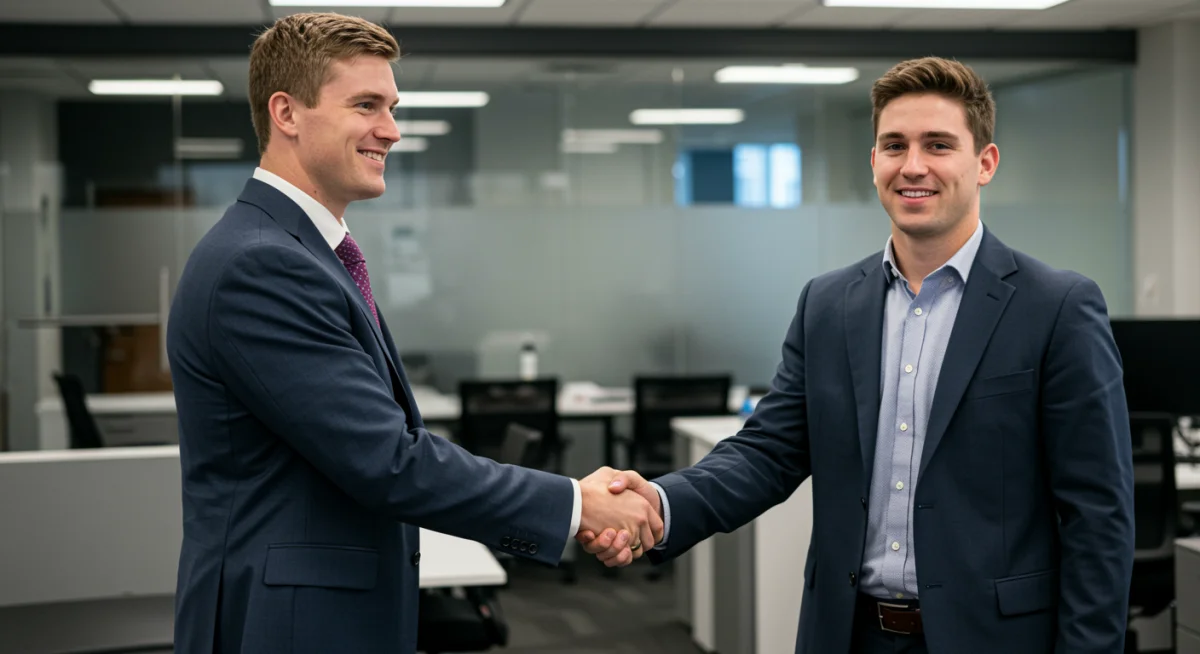 Ancien footballeur universitaire en entretien d'embauche, symbolisant la reconversion professionnelle.