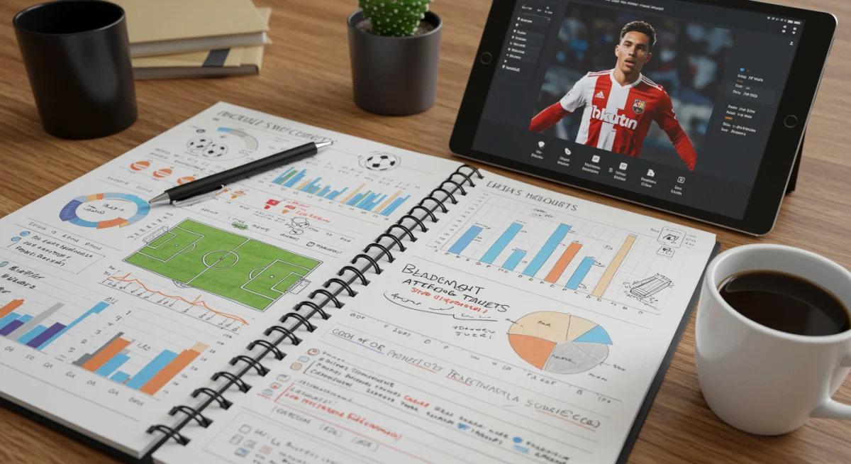 Carnet de notes d'un recruteur de football avec des statistiques de joueurs, des schémas tactiques et une tablette affichant des vidéos de matchs.
