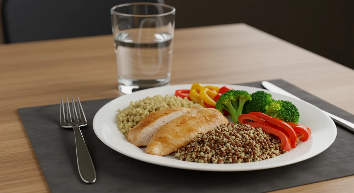 Repas équilibré pour athlète de football universitaire, mettant en avant les protéines, glucides et légumes essentiels.