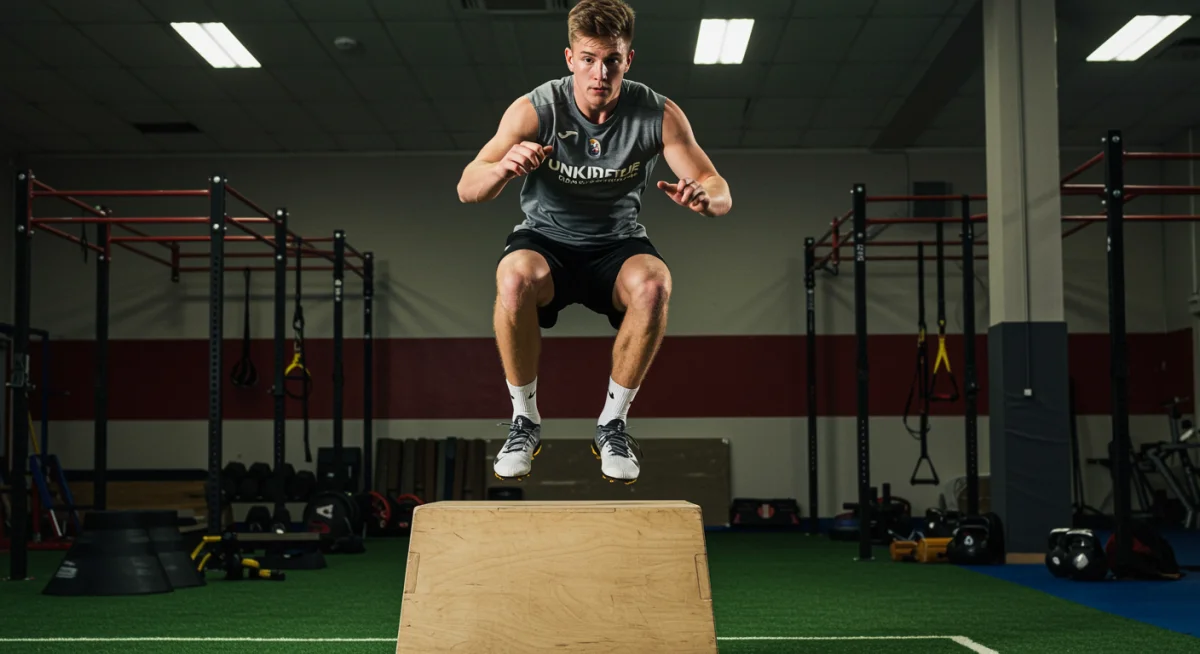 Footballeur universitaire réalisant un saut sur boîte pour améliorer la puissance explosive