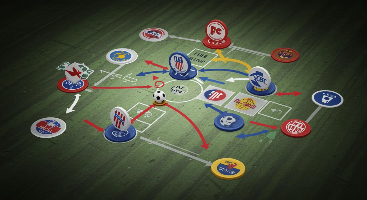 Tableau tactique de football avec des pions de joueurs et des flèches, illustrant des négociations de transfert complexes et des décisions stratégiques.